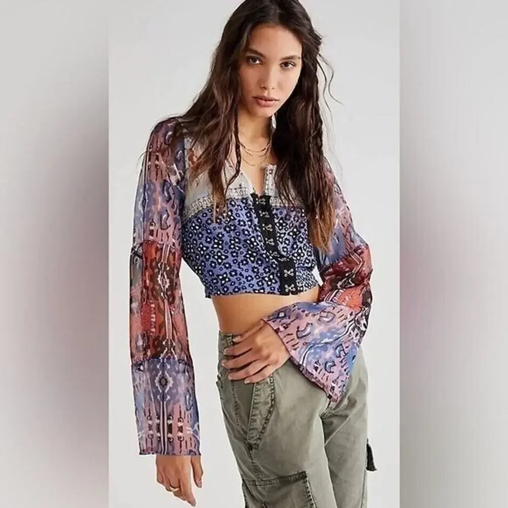 New Free People Walk That Walk Blouse Top cropped wide sleeves mixed printed